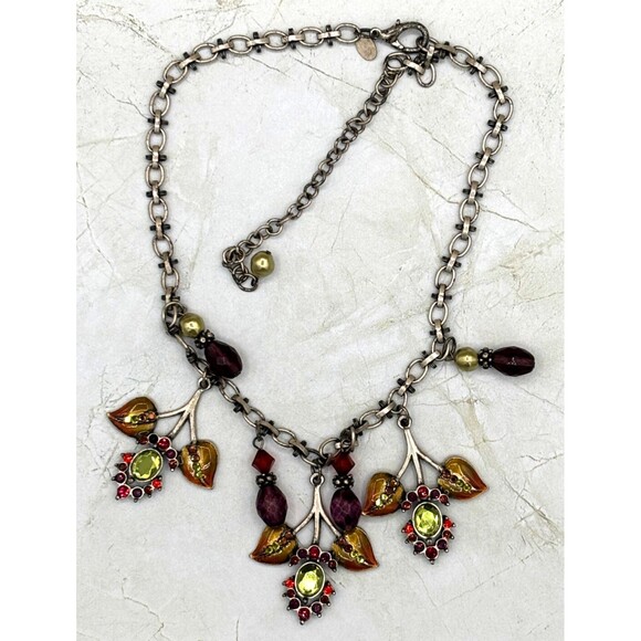 Chicos‎ Floral Rhinestone Statement Necklace 17" Extender Enamel Leaf Silvertone - Picture 7 of 15